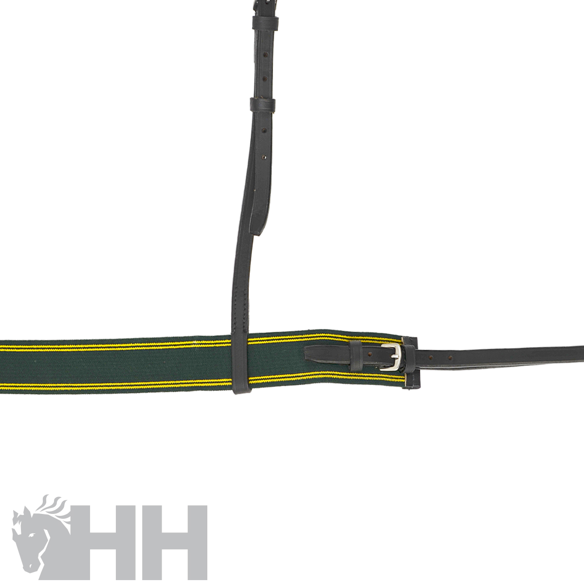 Cinta para cavalo verde com riscas amarelas e detalhes em couro preto