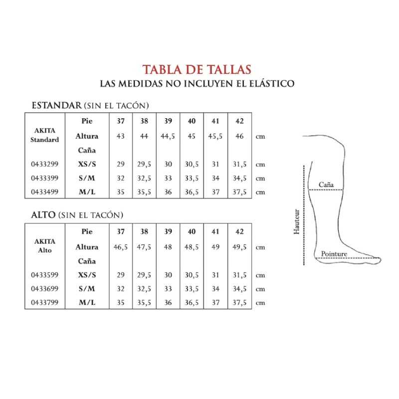 Tabela de tamanhos para meias AKITA com medidas em cm para diferentes tamanhos e alturas