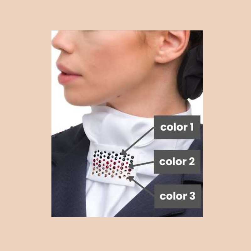 Pessoa com gravata branca ascot decorada com pontos coloridos e etiquetas color 1, color 2, color 3.