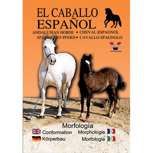 Capa de livro ou revista com dois cavalos e texto multilingue sobre cavalo espanhol