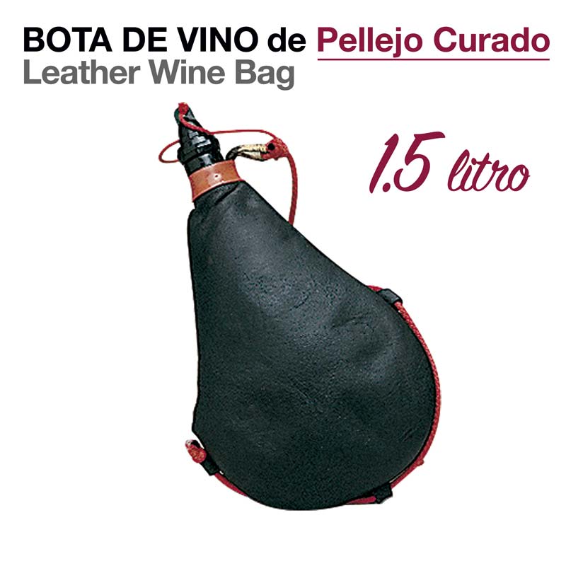 Saco de vinho pele preta com corda vermelha e texto com capacidade 1.5 litro