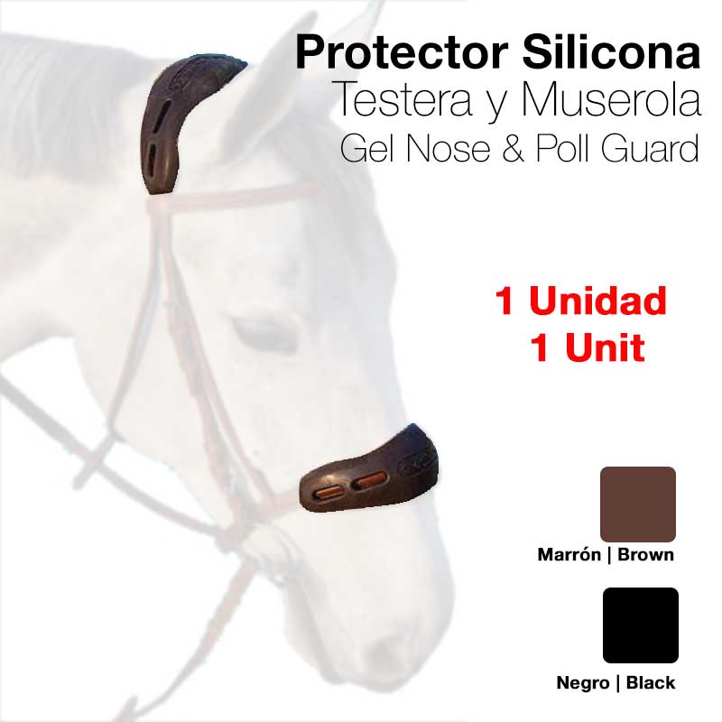 Cavalo branco com protetor de silicone castanho na testa e muserola