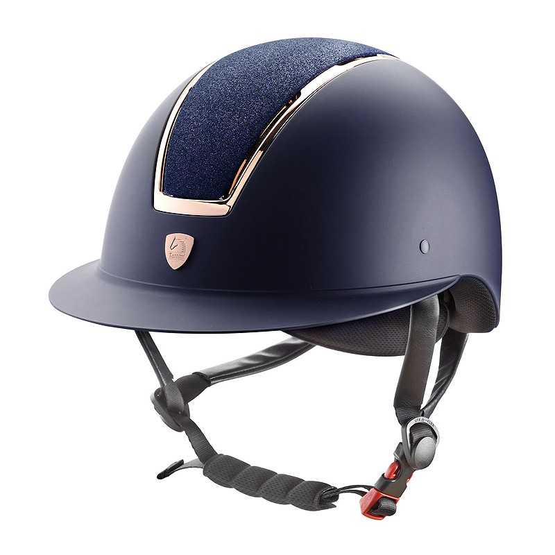 Capacete de equitação azul escuro com detalhes metálicos e correia preta