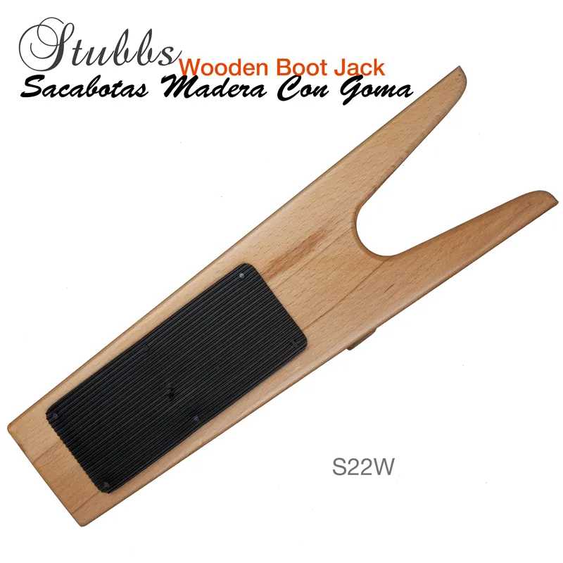 Suporte para calçado em madeira clara, placa preta antiderrapante, formato em U