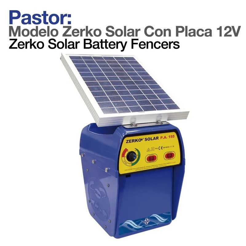 Pastor elétrico azul com painel solar azul e branco e painel frontal amarelo com botões
