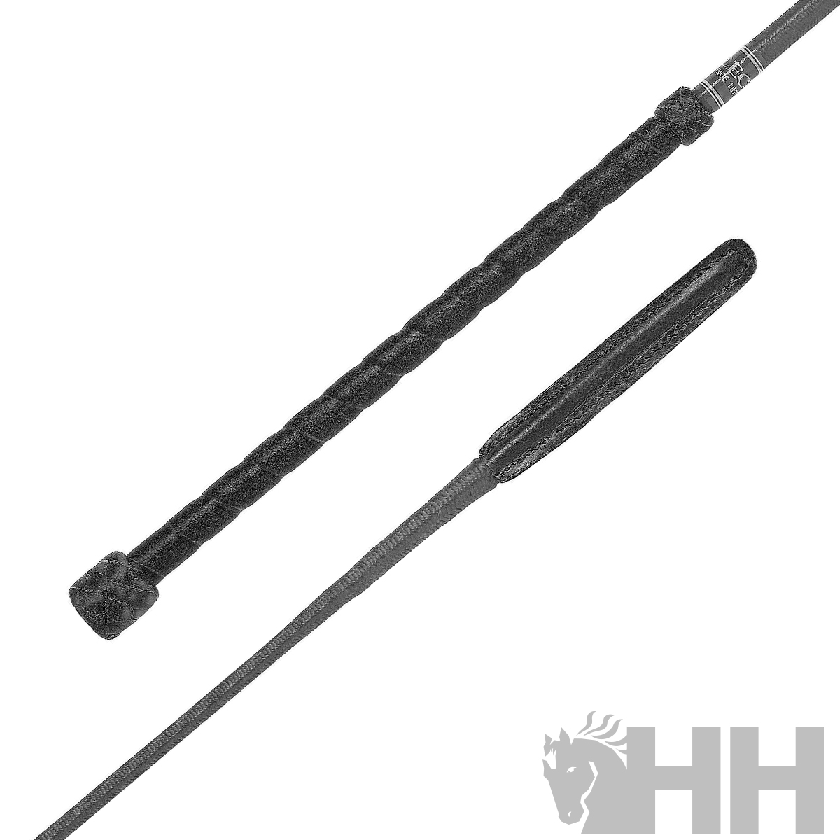 Chicote preto com cabo antiderrapante e ponta fina em fundo branco com logo HH