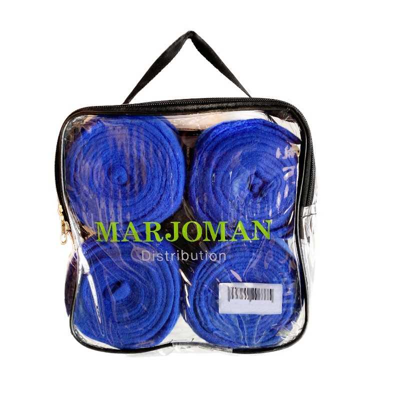 Embalagem transparente com faixas elásticas azuis e marca MARJOMAN Distribution