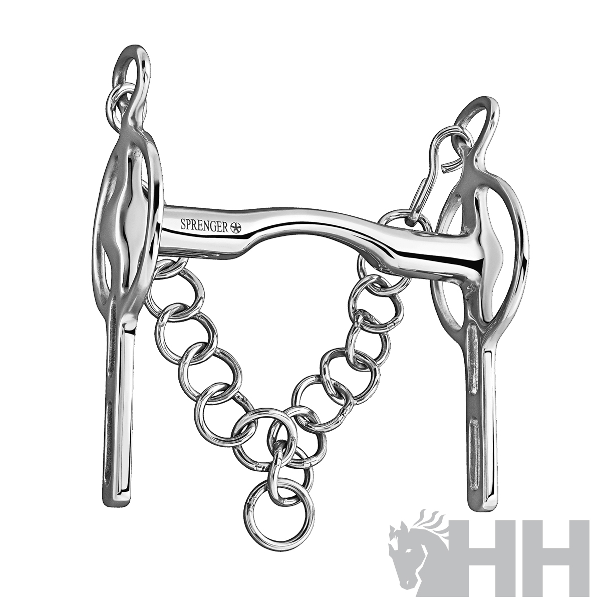 Freio metálico prateado para cavalo com corrente e gravação SPRINGER 14