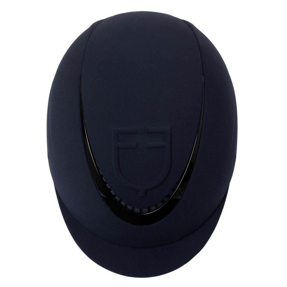 Capacete de equitação azul escuro com logótipo em relevo e detalhe preto brilhante