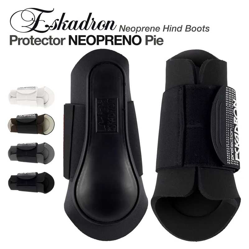 Botas traseiras de neopreno preto para cavalos Eskadron com fechos de velcro e texto promocional