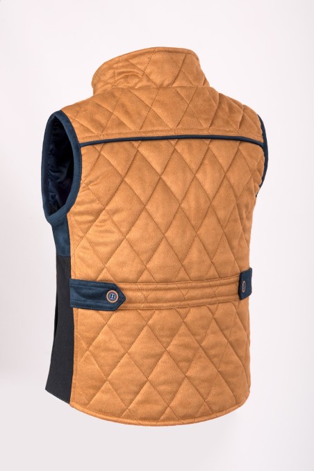 Colete acolchoado castanho com detalhes azuis escuros