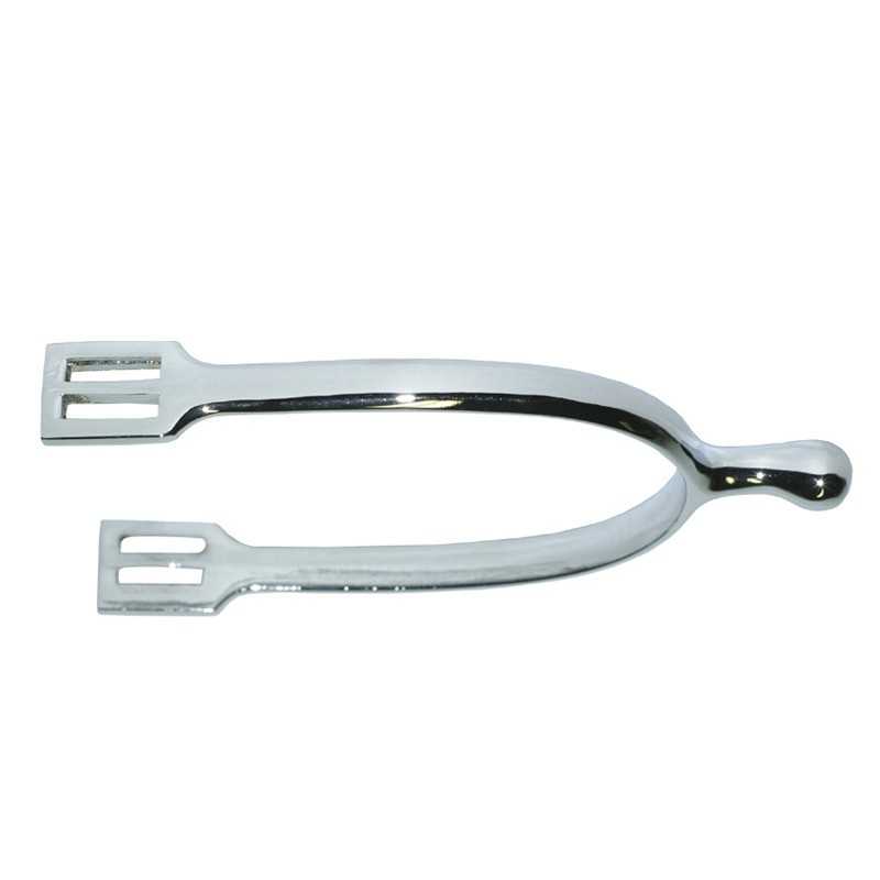 Espora metálica cromada com aberturas retangulares nas extremidades