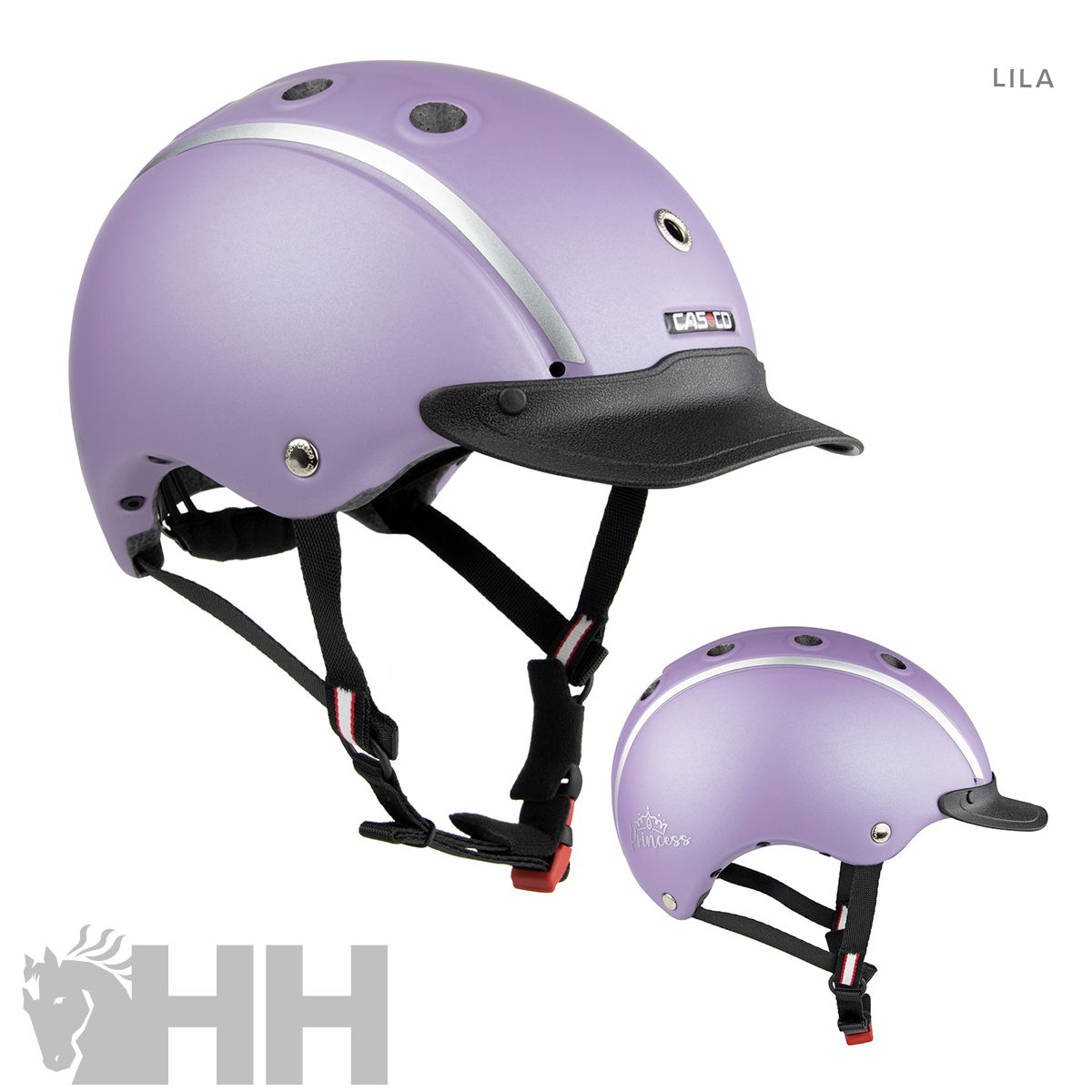 Capacete lilás com viseira preta e tiras ajustáveis