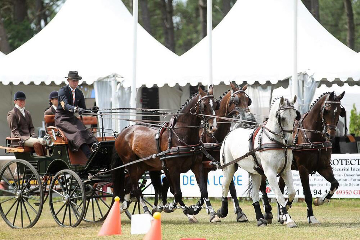 Carruagem puxada por quatro cavalos com pessoas vestidas formalmente em evento ao ar livre