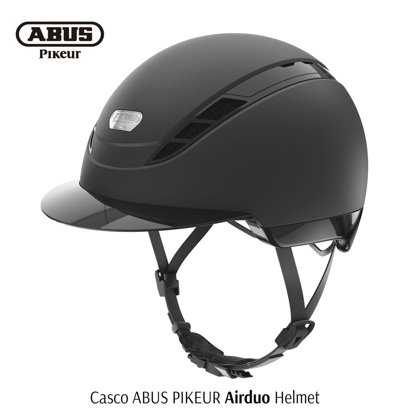 Capacete ABUS Pikeur Airduo preto com viseira e cinto ajustável