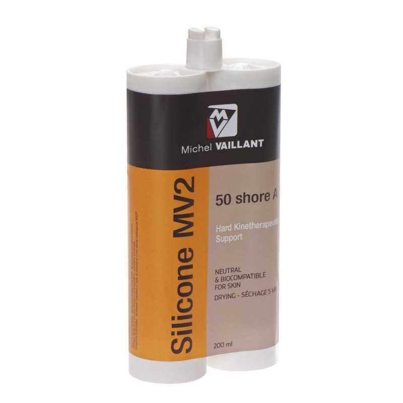 Embalagem plástica de silicone MV2 com rótulo colorido e texto descritivo