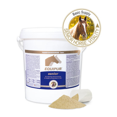 Balde branco de suplemento para cavalos EQUIPUR senior com ração em pó e colher