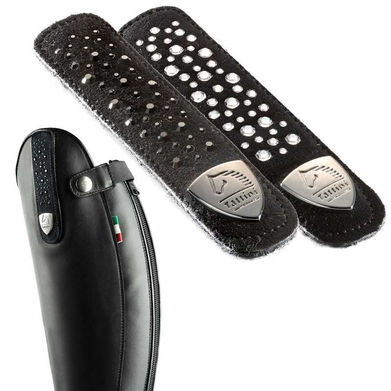Perneira de equitação preta em pele com tachas metálicas e logotipo STULINI