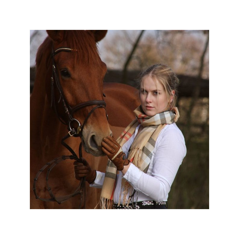 Mulher com lenço xadrez bege e luvas castanhas segurando um cavalo castanho