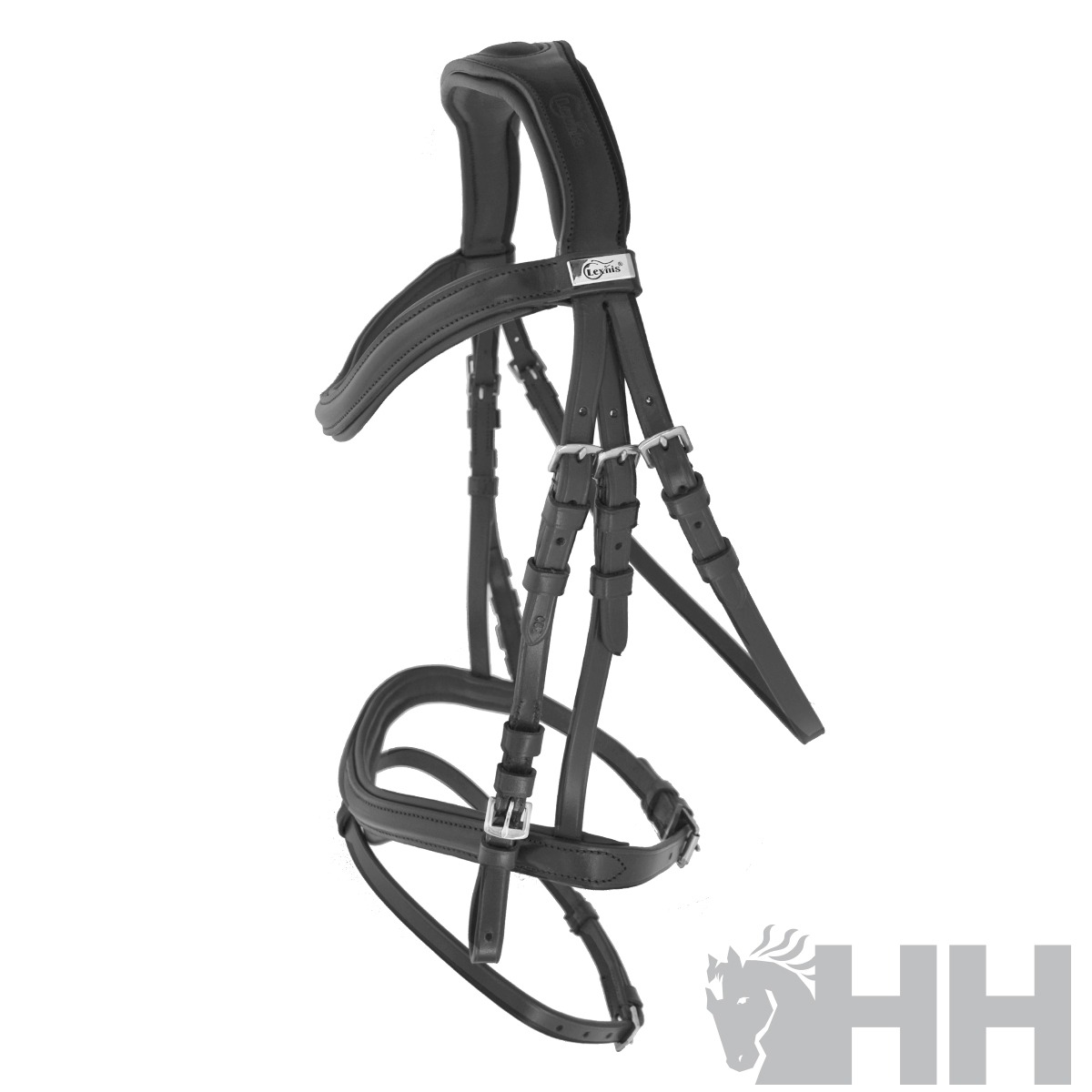 Cabeçada equitação preta em fundo branco com logótipo HH