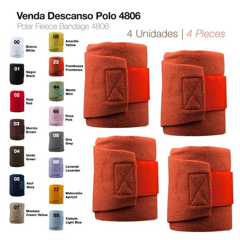 Quatro bandagens castanho-escuro com faixa vermelha em fundo branco e tabela de cores variadas com nomes e códigos.