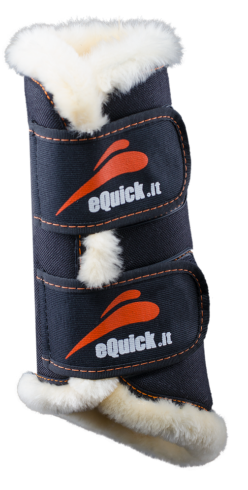 Proteção de canela preta para equitação com forro branco e texto 'eQuick.it'