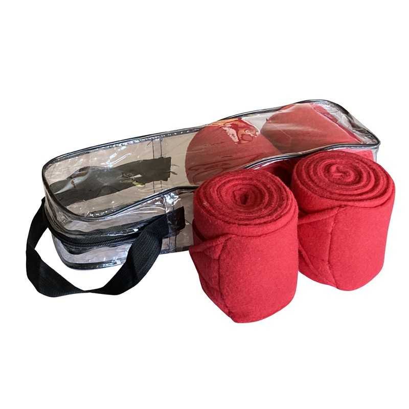 Bandagens elásticas vermelhas enroladas com bolsa de transporte transparente