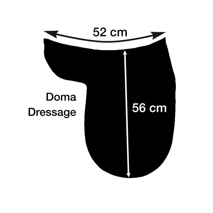 Modelo preto de sela de equitação com medidas e texto Doma Dressage