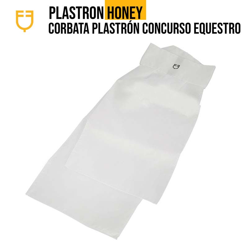 Gravata branca para concurso equestre em fundo branco, com embalagem mostrando texto PLASTRON HONEY CORBATA PLASTRÓN CONCURSO EQUESTRO