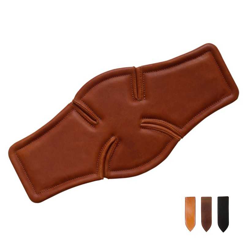 Almofada de couro castanha com costuras visíveis e opções de cor ao lado.