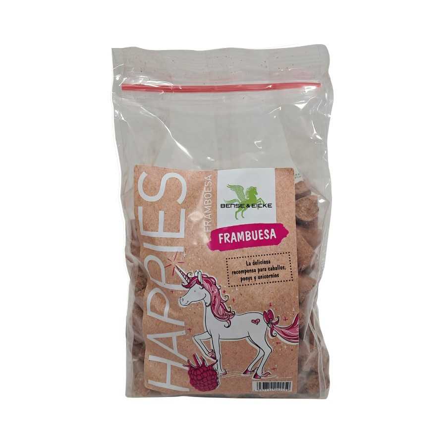 Embalagem plástica com snack e rótulo de unicórnio e framboesa