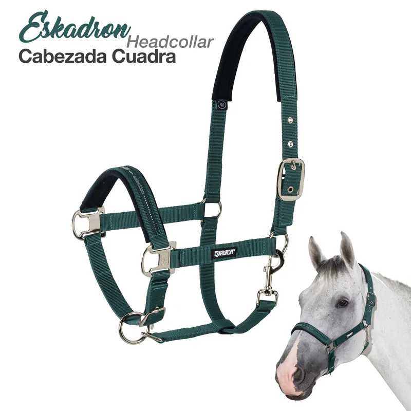 Cabeçada para cavalo verde escura Eskadron em nylon com fivelas metálicas e cavalo branco a usá-la