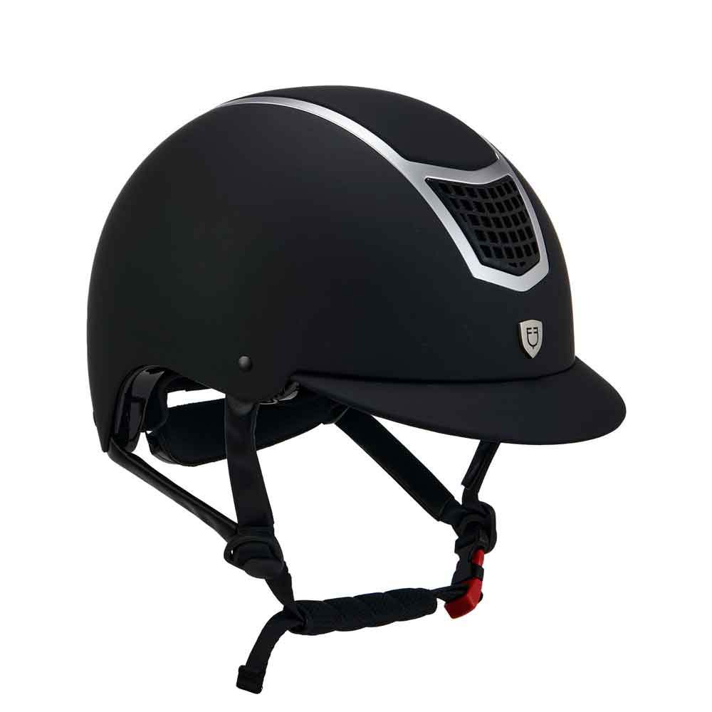 Capacete de equitação preto com faixa cinzenta prateada e ventoinha dianteira