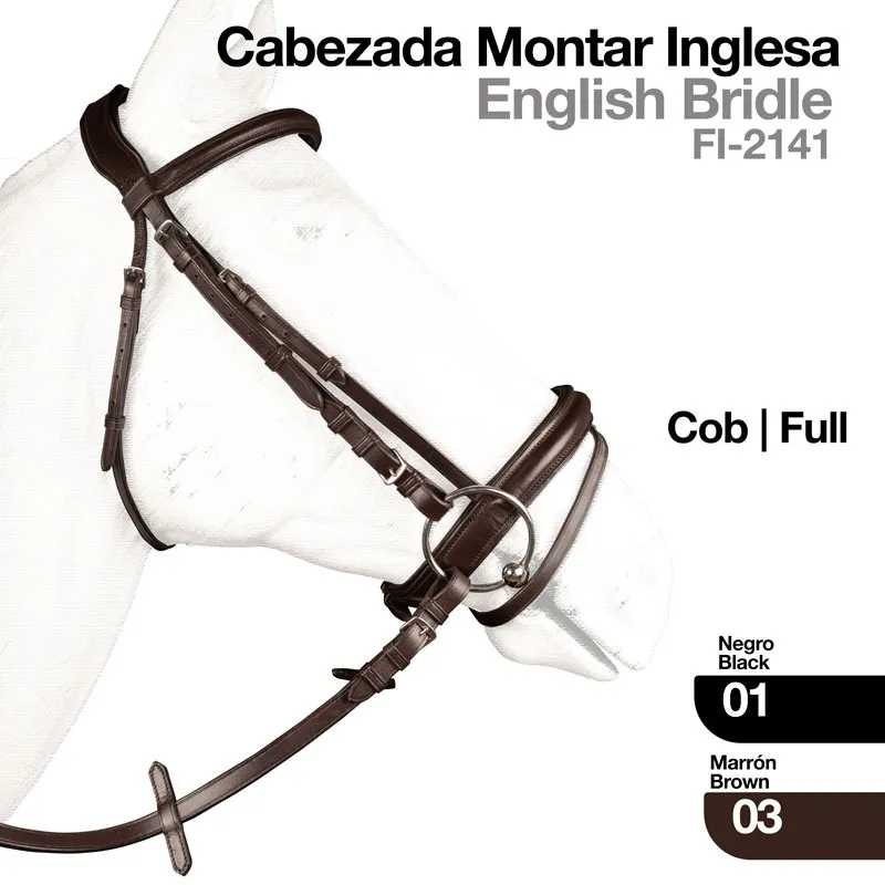 Cabeçada montada inglesa em couro castanho ou preto com metálicos exibida em manequim de cavalo branco.