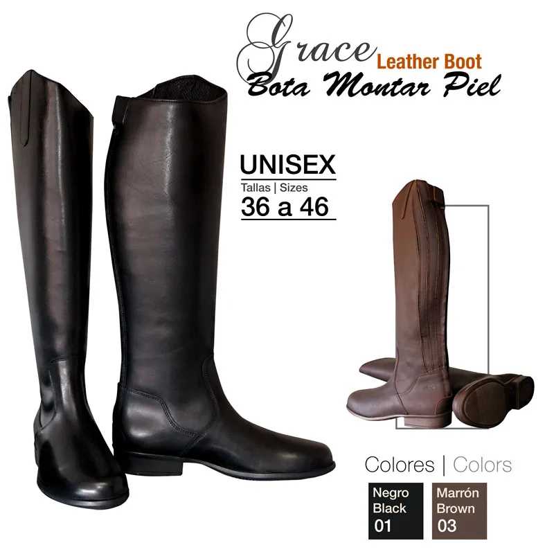 Bota de montar de couro preta e castanha unissexo com indicações de tamanho e cor