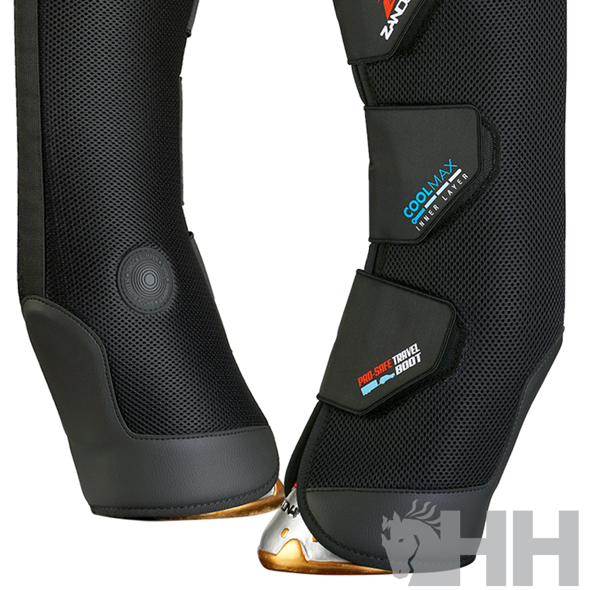 Pernilongos pretos com fechos de velcro e texto COOLMAX INLET e DUAL SPORT TRAVEL BOUT