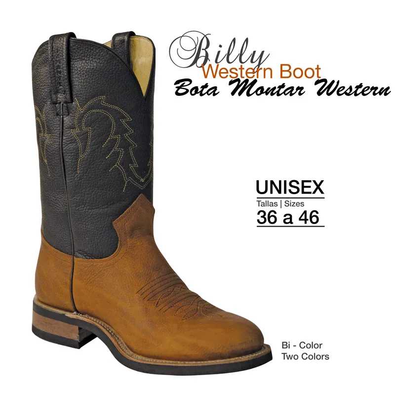 Bota montar western castanho e preto em couro com bordados