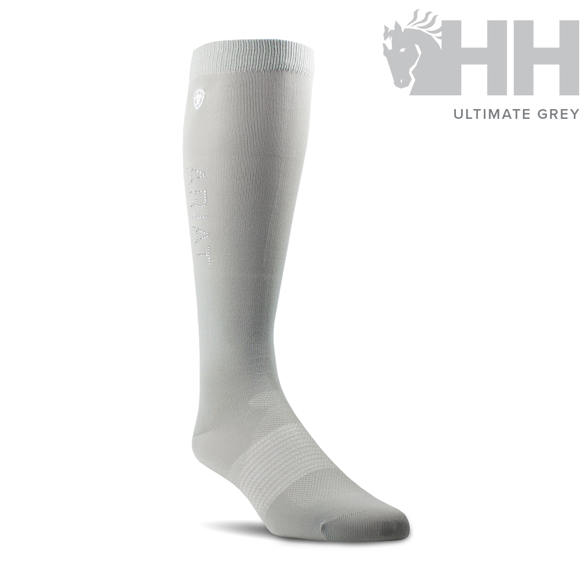 Meia comprida cinzenta clara com texto HH ULTIMATE GREY e logotipo