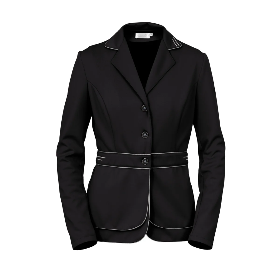 Blazer preto com detalhes brancos e cinto