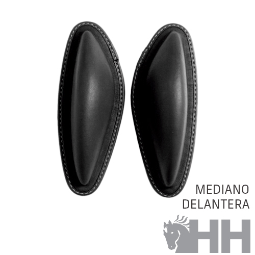 Protetores de couro pretos contornados com costura, texto e logotipo HH a cinzento
