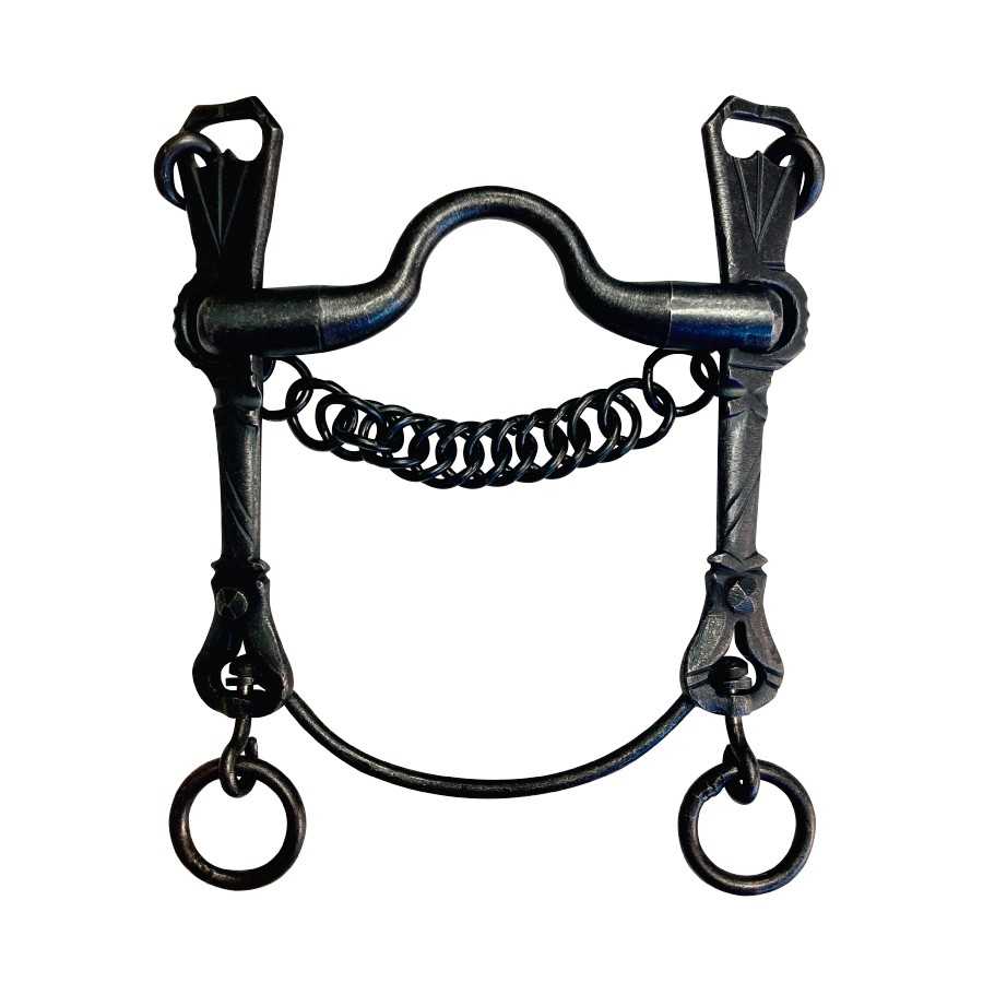 Freio de cavalo em metal preto com corrente e argolas
