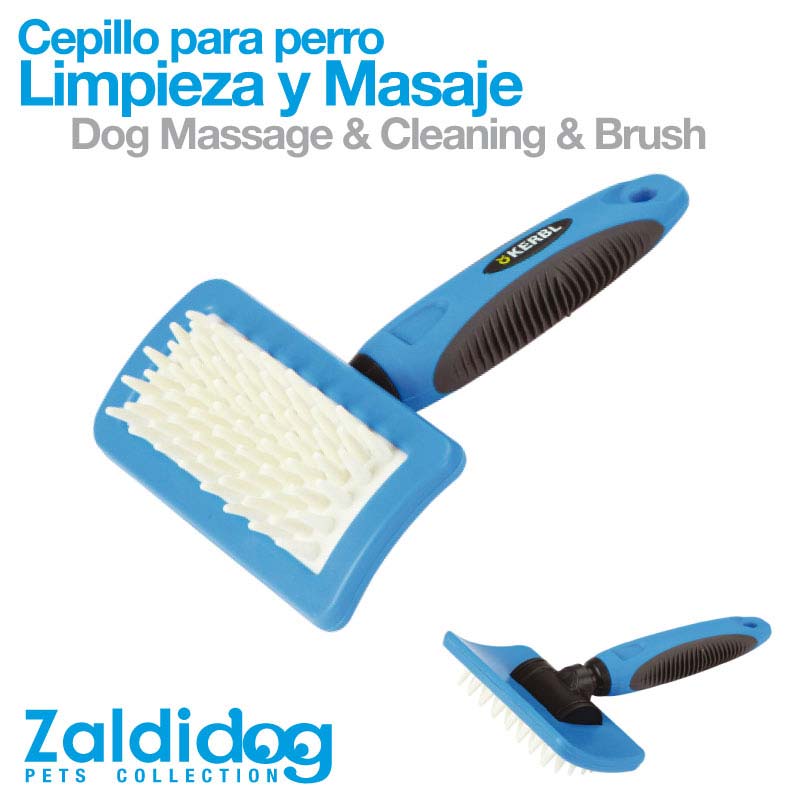 Escova para cão azul e preta com cerdas brancas para massagem e limpeza