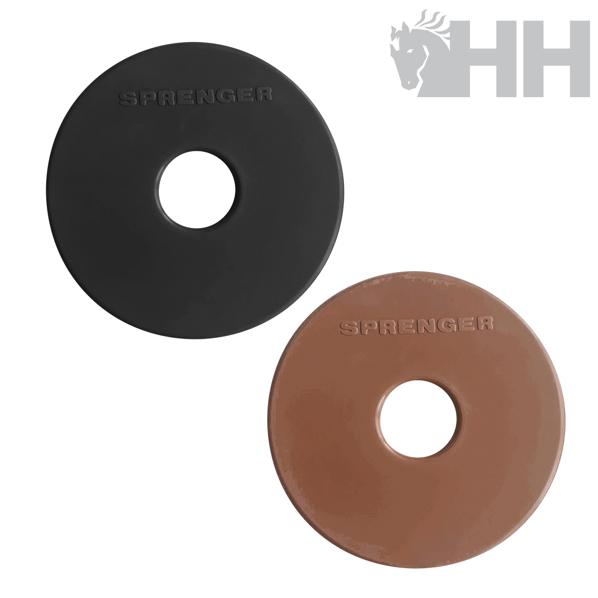 Discos redondos de equipamento equestre preto e castanho com a palavra SPRINGER
