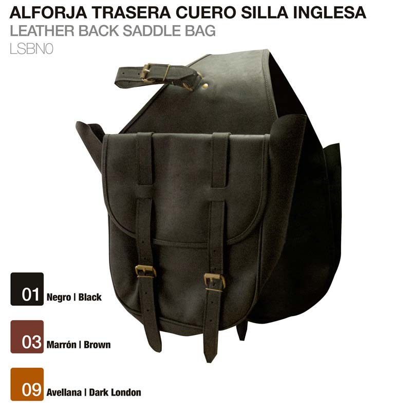Saco de sela traseiro em couro preto com duas fivelas douradas