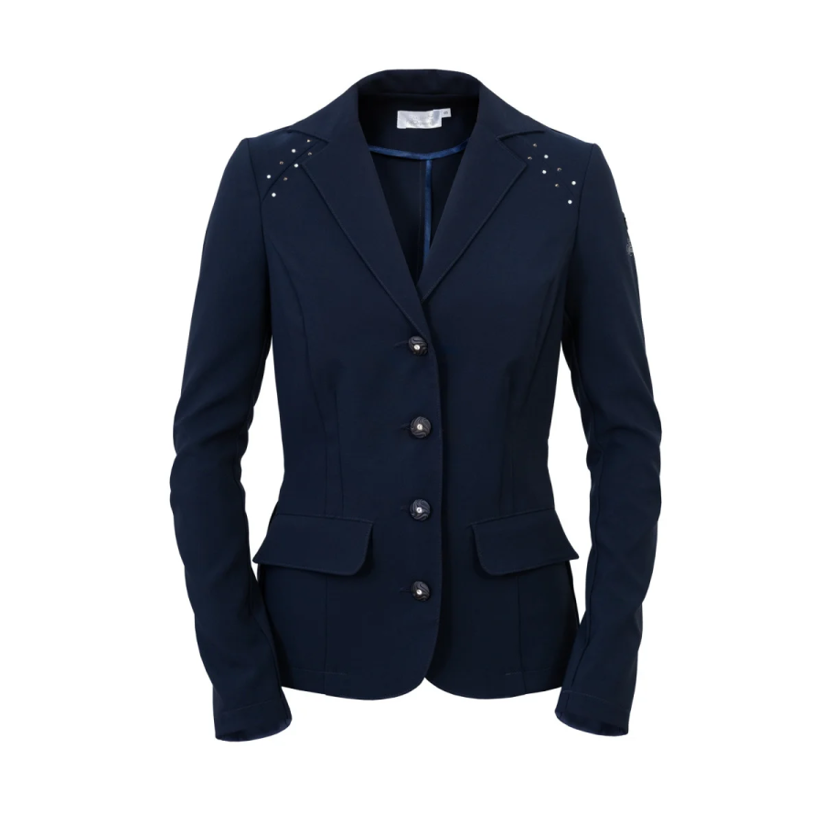 Blazer feminino azul escuro com botões e detalhes metálicos nos ombros