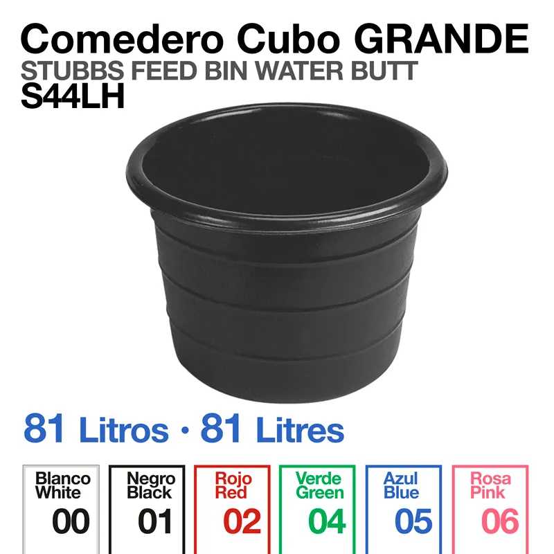 Comedouro grande preto de plástico em formato cilíndrico com texto e tabela de cores ao lado