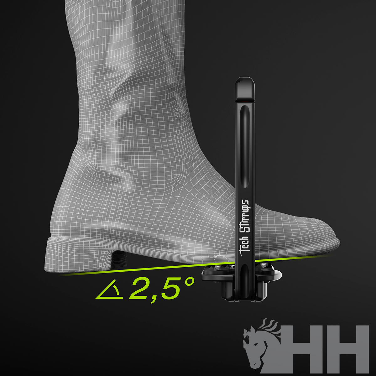Pé digitalizado num estribo preto com ângulo 2,5°, fundo preto e logotipo 'HH'
