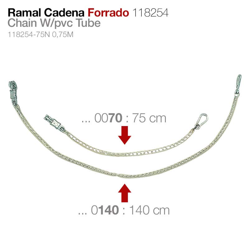 Duas correntes forradas com tubo PVC com ganchos metálicos, de 75 cm e 140 cm, sobre fundo branco