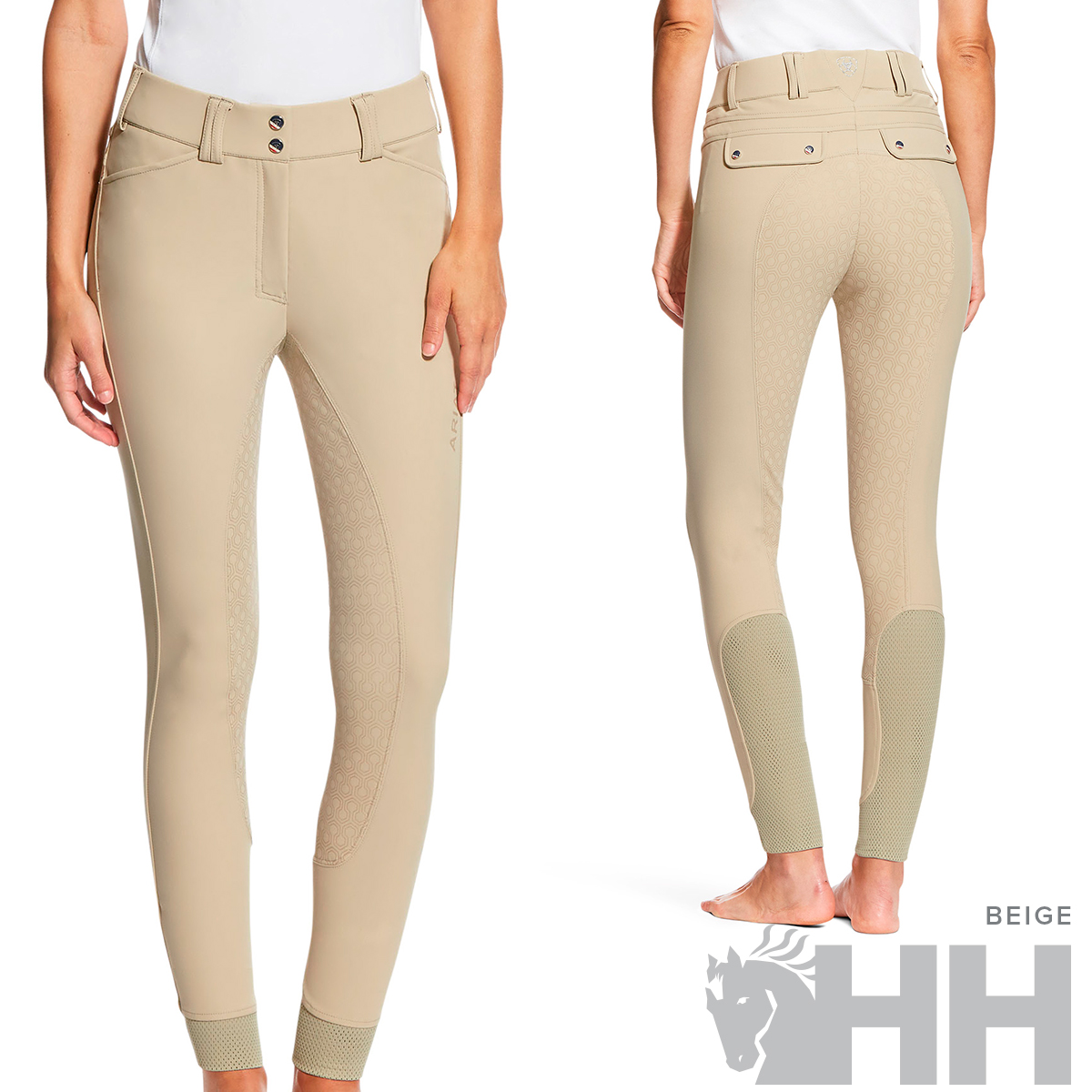 Calças de equitação femininas bege com inserções antiderrapantes e fecho de dois botões