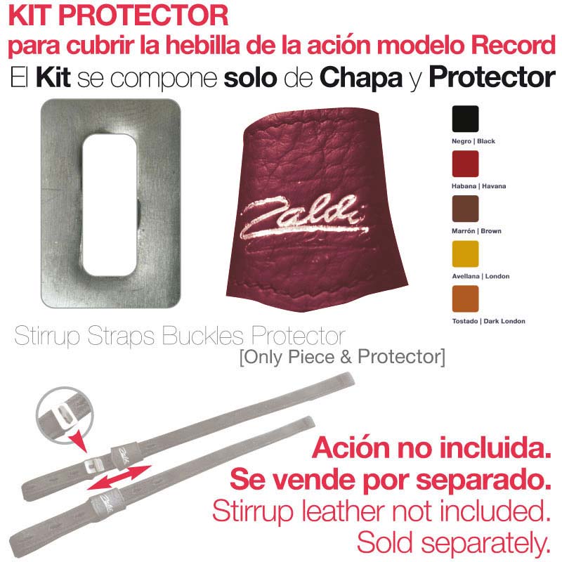 Kit protector para fivela com chapa e protetor de couro vermelho com texto Zaldi